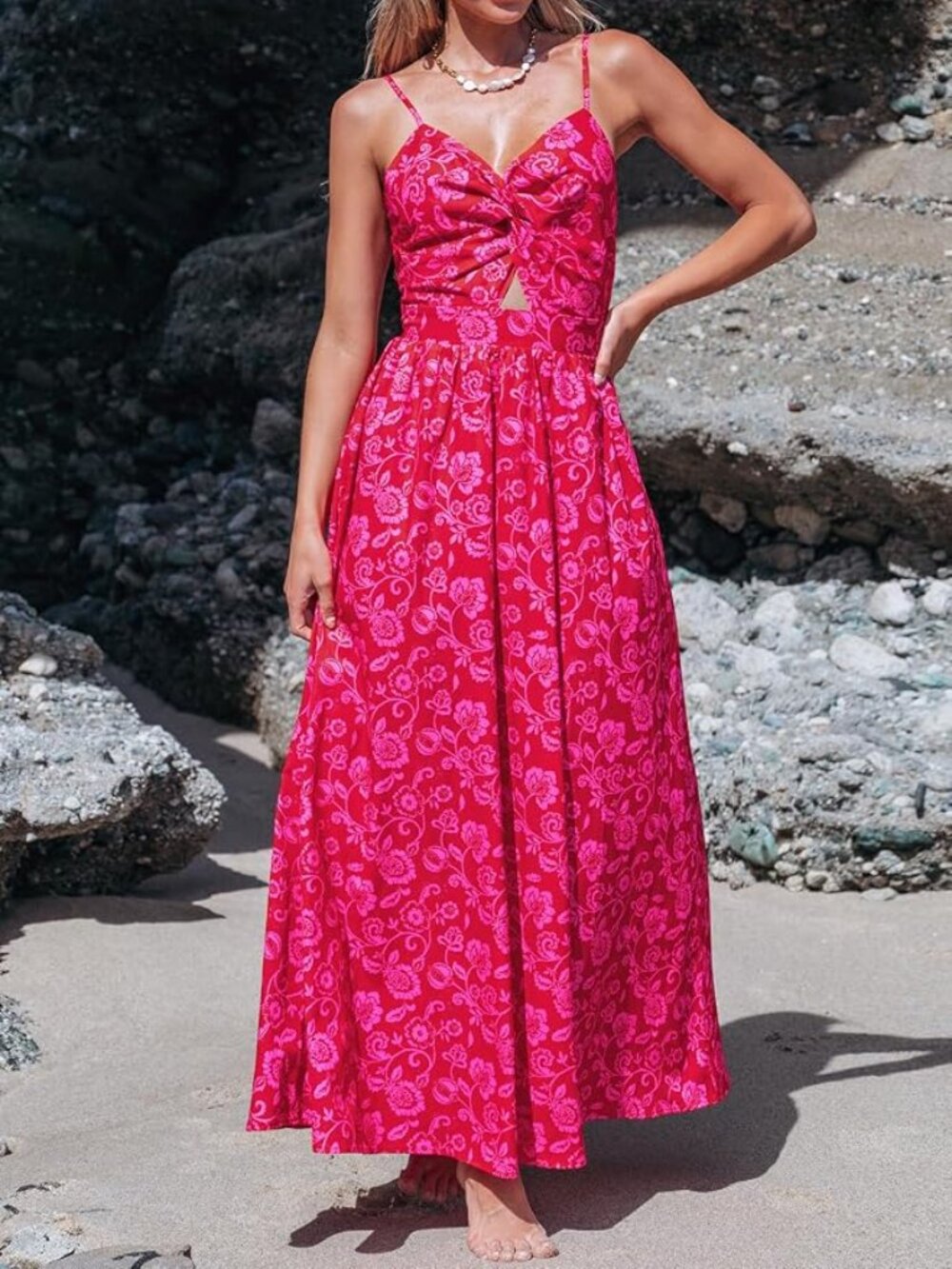 Cupshe Pink Boho Sleeveless Sweetheart Maxi Dress